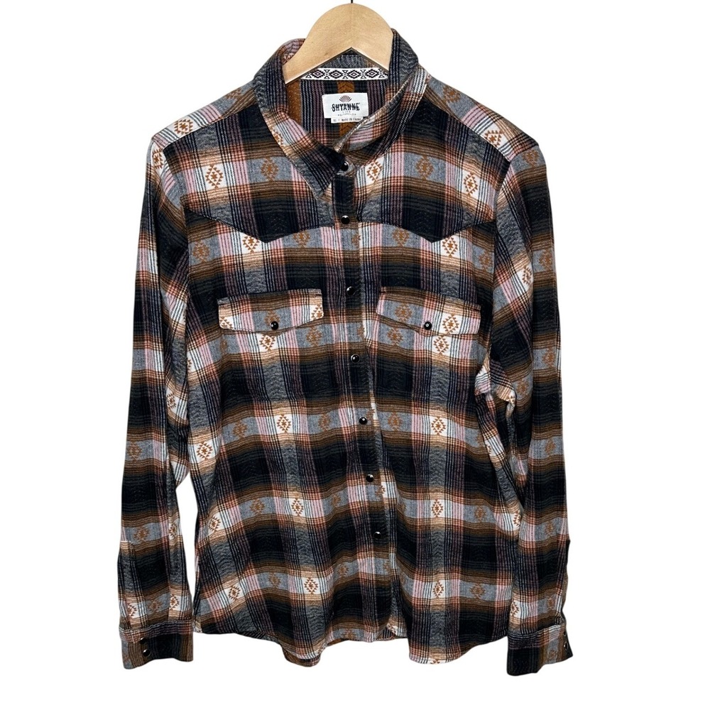 Shyanne Life Plaid Western Flannel Button Down Shirt size XL Black/Tan/Pink